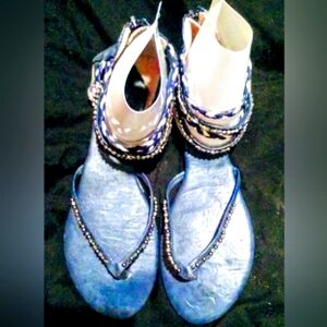 Dook Navy Blue Flat Thong Sandals w/ Multiple Embellished Ankle Straps Size 8